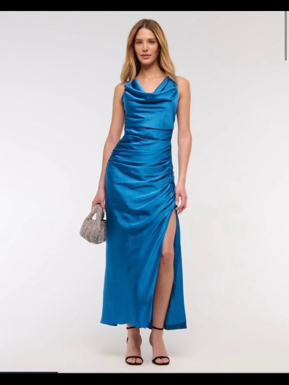 Abercrombie & Fitch Teal Satin Cowl Neck Gown with Side Slit